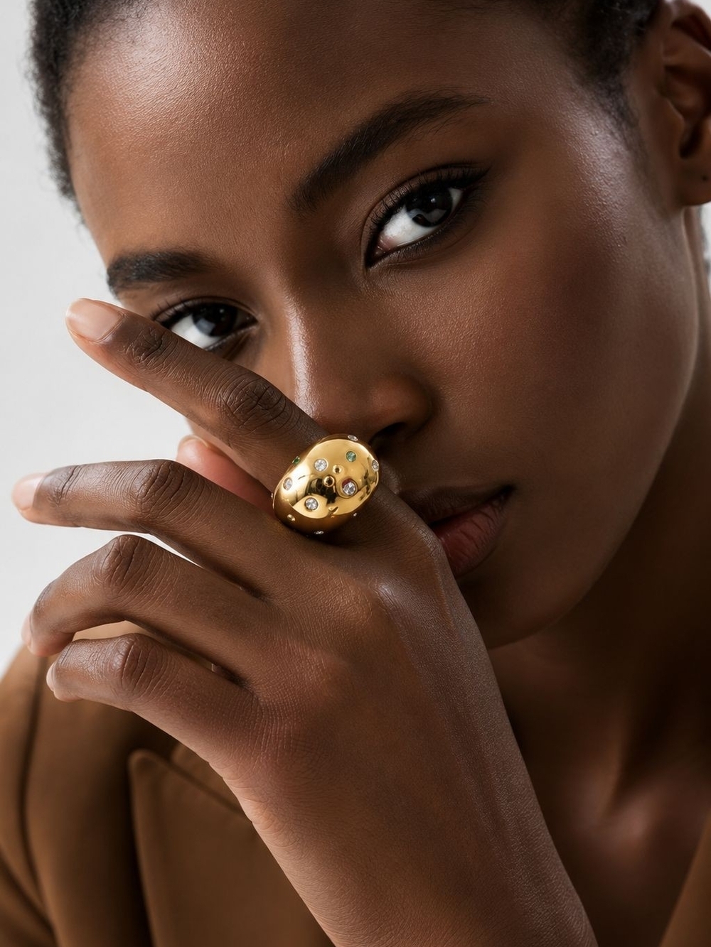 Gold Dome Ring with Crystal Studs
